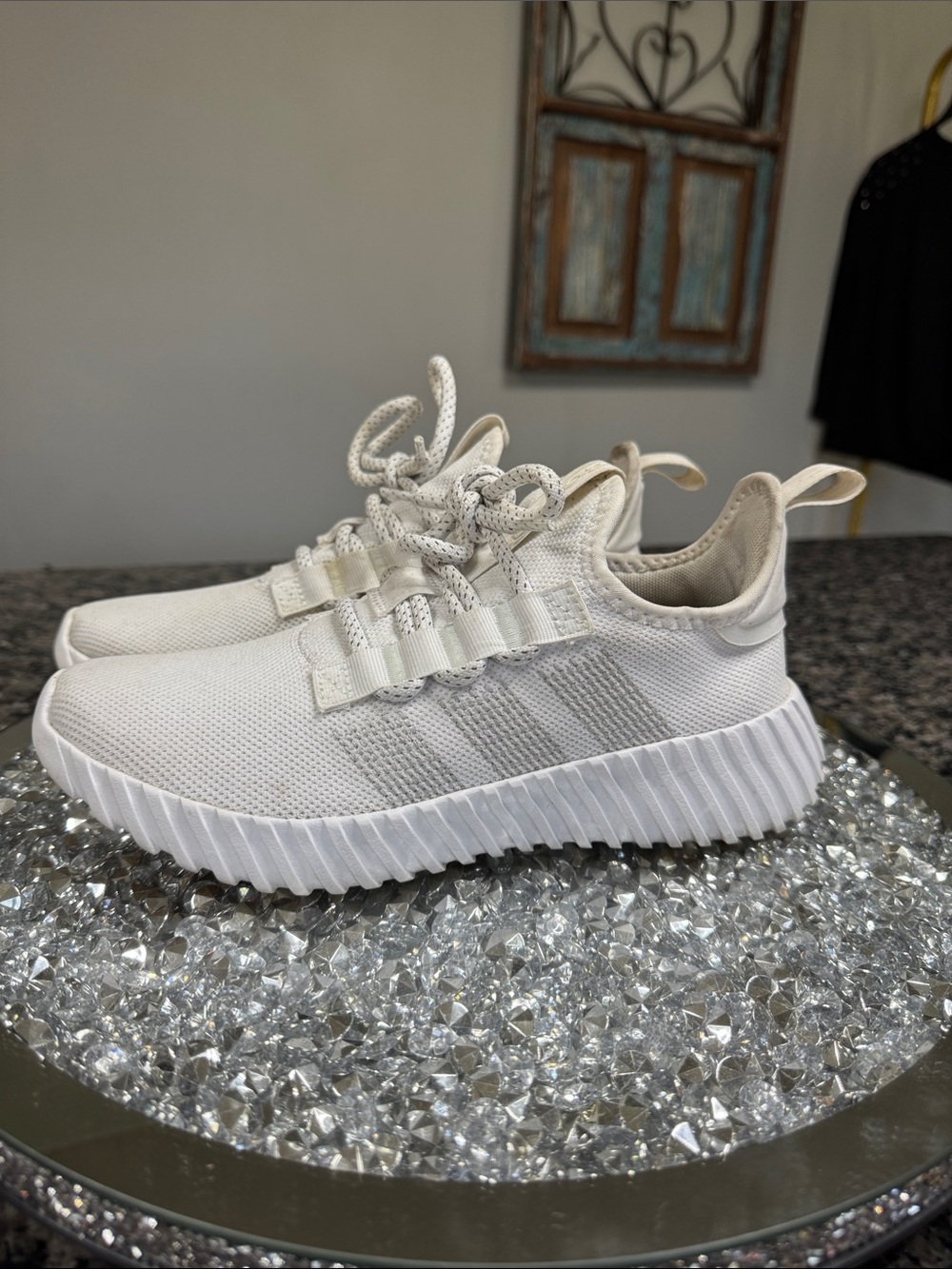 adidas Women's Cream and Light Gray Knit Athletic Sneakers